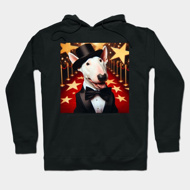 Happy bull terrier wearing tuxedo and hat in front of stars Hoodie by nicecorgi